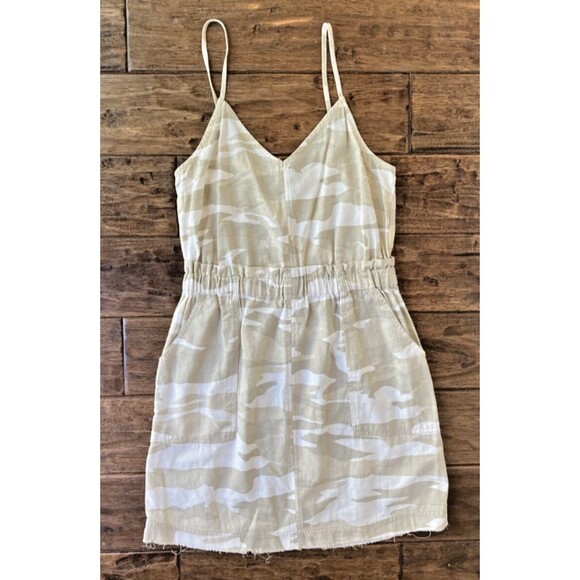 Splendid Tan White Camo Linen Blend Sleeveless Fray Hem Mini Dress Medium - Picture 1 of 8